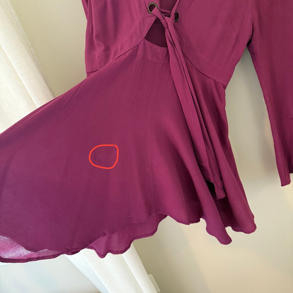 Free‎ People Mini Dress Long Sleeve Tie Front Bell Sleeve Purple Dress - Picture 3 of 10